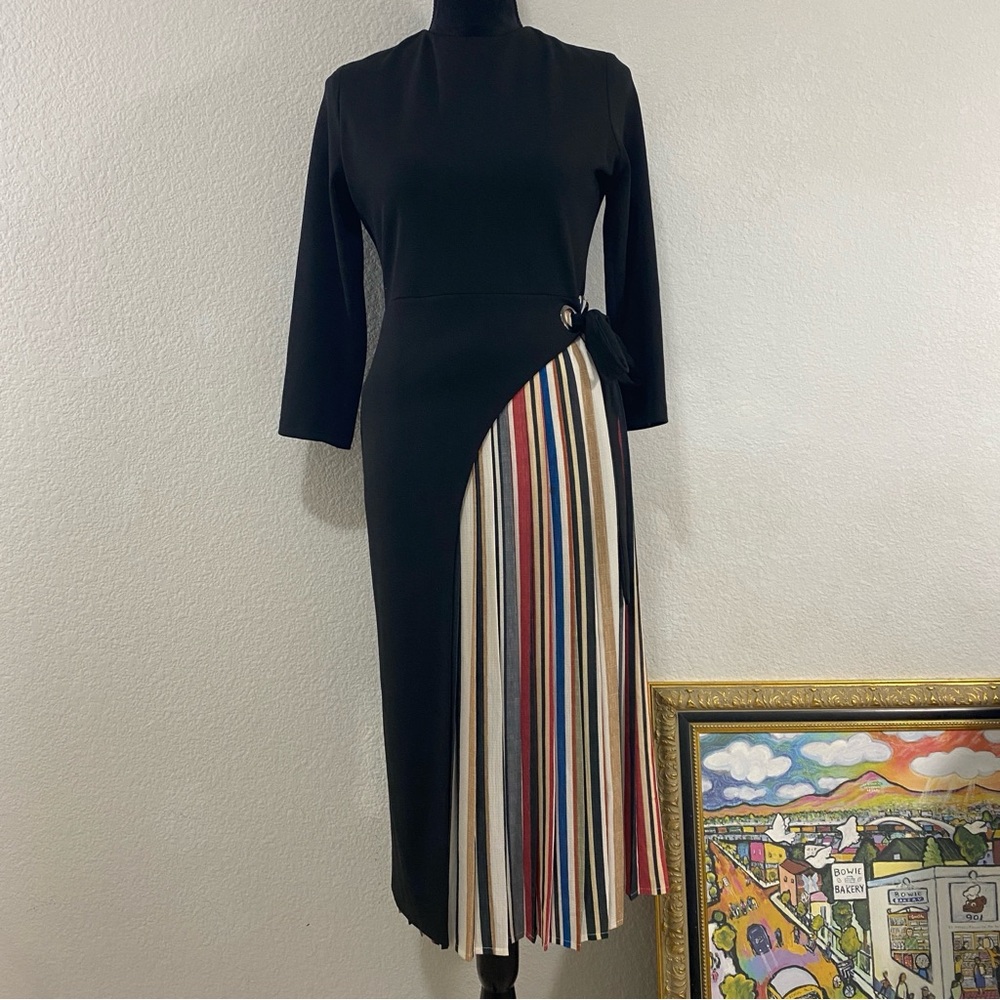 Elegant Black Dress with Multicolor Pleated Skirt